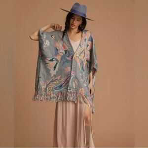 Anthropologie Floral Braided Knit Tassel Sweater Kimono Gray Motif OS